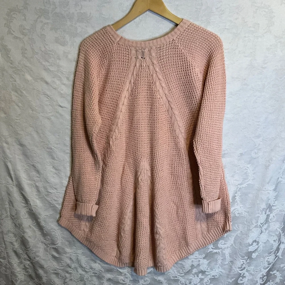Agnes & Dora Cable Pullover Blush Pink Sweater Size L Chunky‎ Long Tunic Style